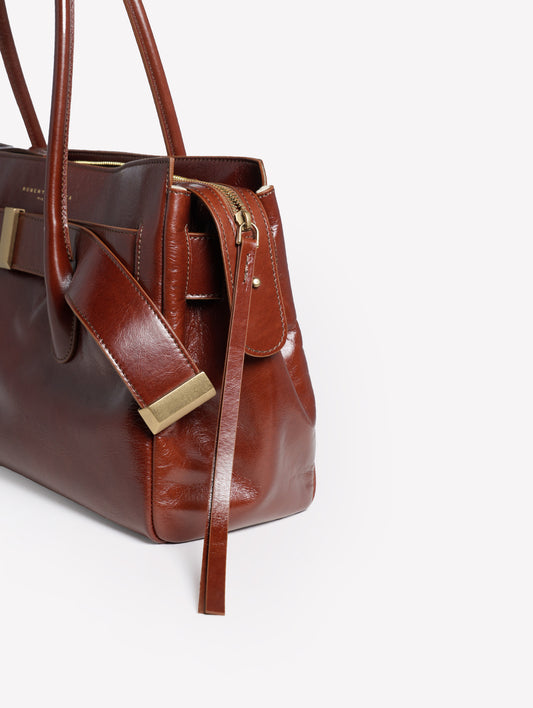 BORSA A SPALLA IN PELLE LUCIDA MARRONE CON CINTURA E ACCESSORI ORO EMERALDA - Marrone | Roberto Festa