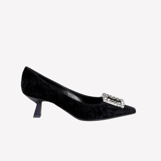 EVILLY EMBELLISHED PUMP IN BLACK PLEATED VELVET - Products | Roberto Festa