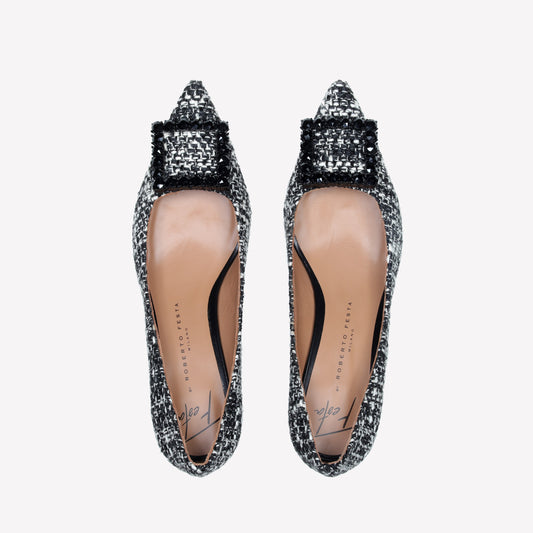 TWEED FABRIC PUMPS WITH SQUARE BUCKLE CRYSTALS EVILLY - Black and white | Roberto Festa