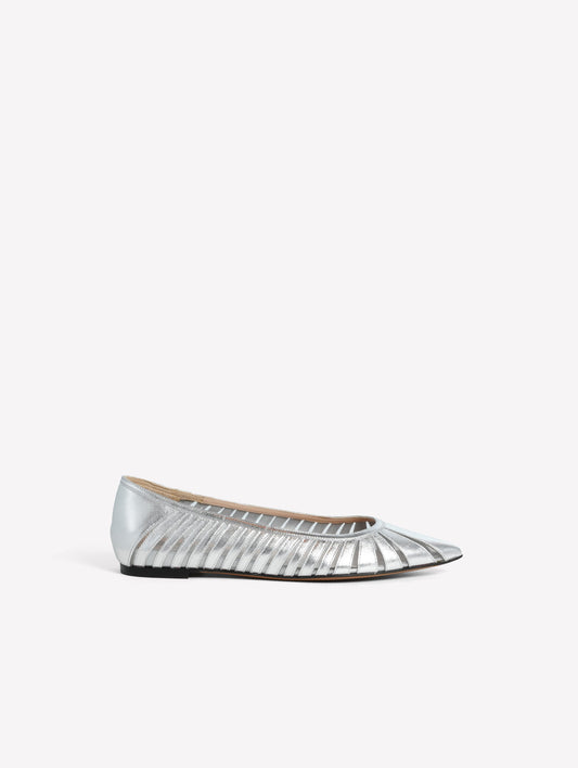 SILVER LAMINATED LEATHER BALLERINA FLATS WITH CARVINGS AND TULLE FEBE - Shoes | Roberto Festa