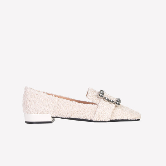 FELISA RHINESTONE'S BUCKLE EMBELLISHED LOAFER IN WHITE BOUCLÉ - Women&#39;s Shoes: Elegant Footwear | Official Site
