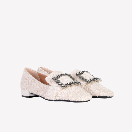 FELISA RHINESTONE'S BUCKLE EMBELLISHED LOAFER IN WHITE BOUCLÉ - Bridal Shoes | Roberto Festa