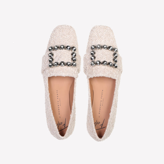 FELISA RHINESTONE'S BUCKLE EMBELLISHED LOAFER IN WHITE BOUCLÉ - Bianco | Roberto Festa