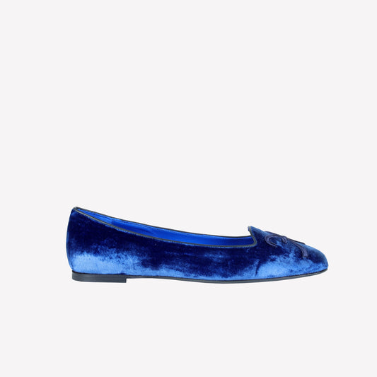 CHINA BLUE VELVET BALLERINA WITH RF EMBROIDERY FELIX - Blu | Roberto Festa