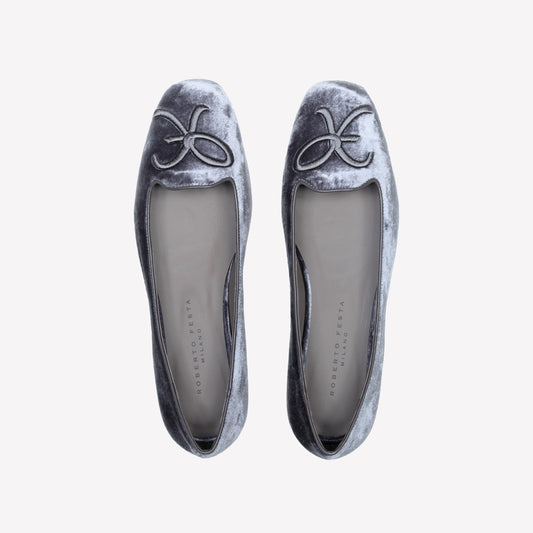 GRAY VELVET BALLERINA WITH RF EMBROIDERY FELIX - Grigio | Roberto Festa