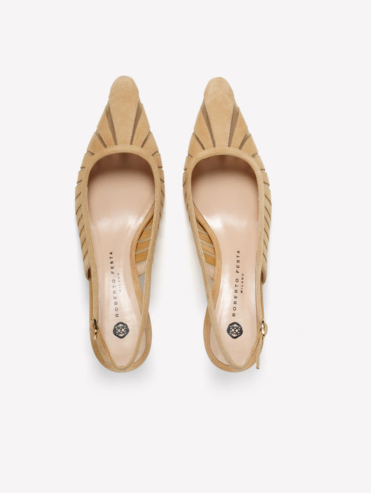 BEIGE SUEDE SLINGBACK WITH LASER-CUT DETAIL AND TULLE FENICE - Beige | Roberto Festa