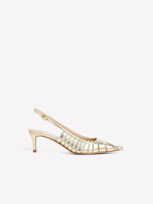 SLINGBACK IN PELLE METALLIZZATA PLATINO CON LAVORAZIONE LASERATA E TULLE FENICE - Spring Summer Preview | Roberto Festa