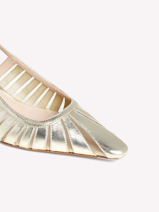 SLINGBACK IN PELLE METALLIZZATA PLATINO CON LAVORAZIONE LASERATA E TULLE FENICE - Platino | Roberto Festa