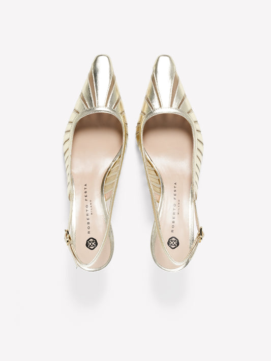 SLINGBACK IN PELLE METALLIZZATA PLATINO CON LAVORAZIONE LASERATA E TULLE FENICE - Platino | Roberto Festa