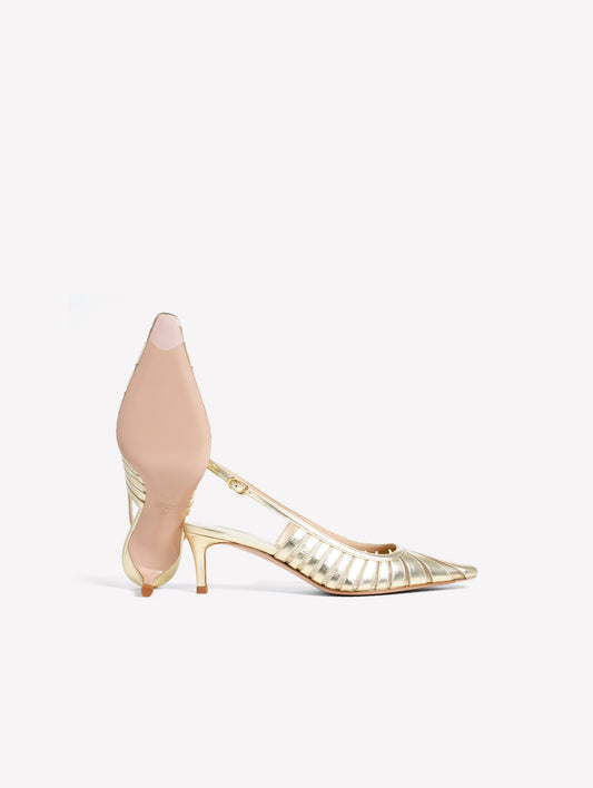 SLINGBACK IN PELLE METALLIZZATA PLATINO CON LAVORAZIONE LASERATA E TULLE FENICE - Platino | Roberto Festa