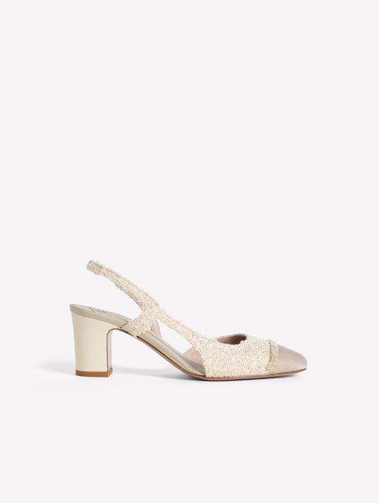 SLINGBACK IN TWEED AVORIO CON PUNTINA SFRANGIATA E TACCO MEDIO FICUS - Scarpe Donna: Calzature eleganti