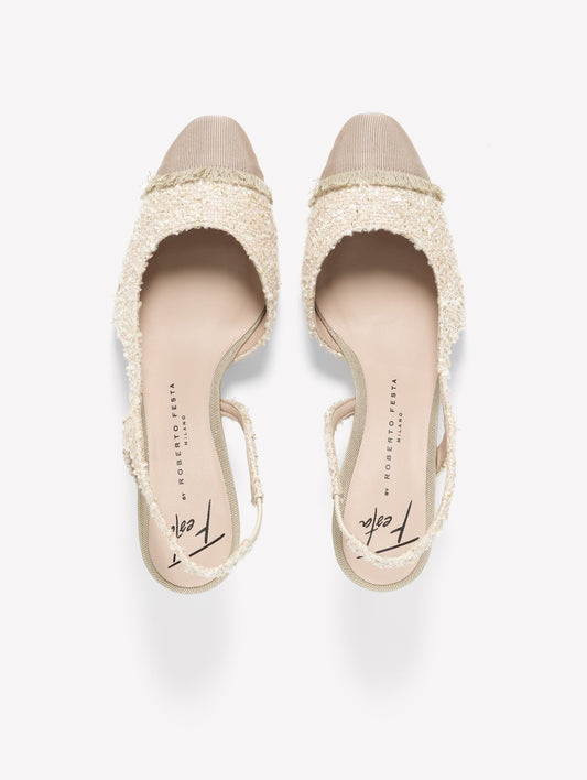 SLINGBACK IN TWEED AVORIO CON PUNTINA SFRANGIATA E TACCO MEDIO FICUS - Beige | Roberto Festa