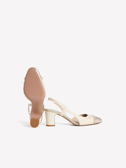 SLINGBACK IN TWEED AVORIO CON PUNTINA SFRANGIATA E TACCO MEDIO FICUS - Beige | Roberto Festa