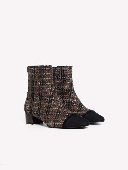 STIVALETTO IN TWEED TAUPE CON PUNTINA IN GROS GRAIN NERO E TACCO BASSO FIORENE - Taupe | Roberto Festa