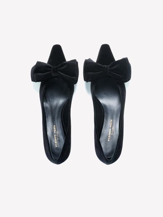 DÉCOLLETÉ IN VELLUTO NERO CON FIOCCO E TACCO MEDIO FLOWY - Nero | Roberto Festa