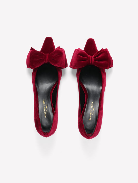 DÉCOLLETÉ IN VELLUTO ROSSO CON FIOCCO E TACCO MEDIO FLOWY - Rosso | Roberto Festa