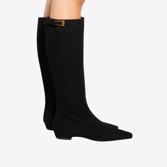 STIVALE AL GINOCCHIO IN CAMOSCIO NERO CON TACCO BASSO FOLD - Nero | Roberto Festa