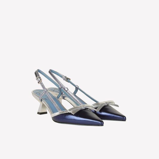SLINGBACK WITH BOW IN LUXOR BLUE SILVER AND AVIO IAMY - Products | Roberto Festa