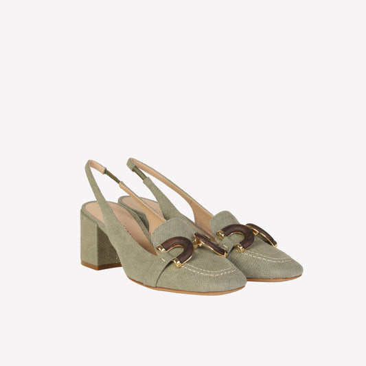 slingback in jeans kaki con accessorio in legno ibiza - Verde | Roberto Festa