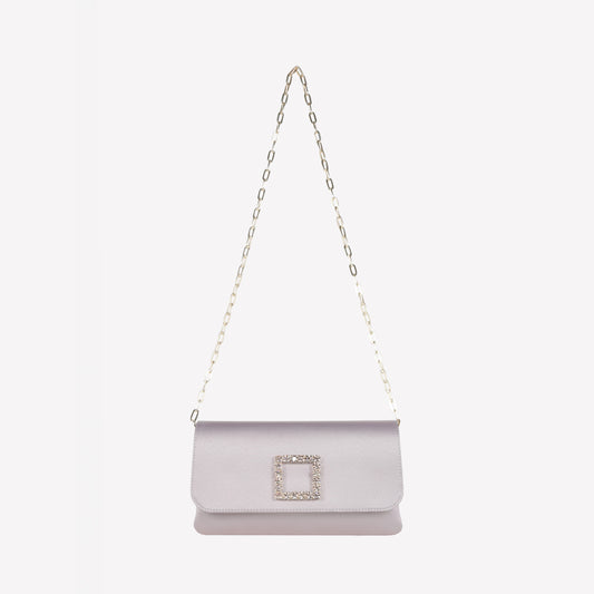 taupe silk satin handbag with crystal accessory caprilux - The perfect Guest | Roberto Festa