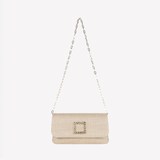 camel rafia fabric handbag with crystal accessory caprilux - Beige | Roberto Festa
