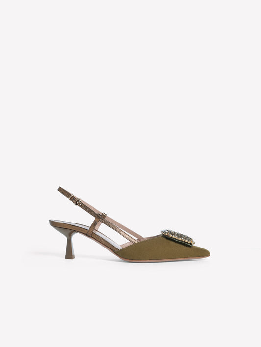 SLINGBACK IN TESSUTO CANVAS MILITARE CON ACCESSORIO QUADRATO DI STRASS E TACCO BASSO INGRID - Miltare | Roberto Festa