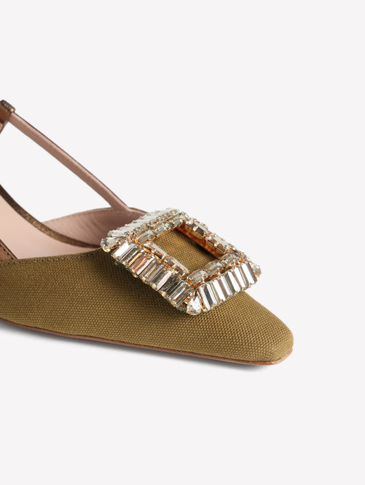 SLINGBACK IN TESSUTO CANVAS MILITARE CON ACCESSORIO QUADRATO DI STRASS E TACCO BASSO INGRID - Miltare | Roberto Festa