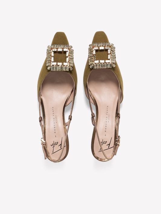 SLINGBACK IN TESSUTO CANVAS MILITARE CON ACCESSORIO QUADRATO DI STRASS E TACCO BASSO INGRID - Miltare | Roberto Festa