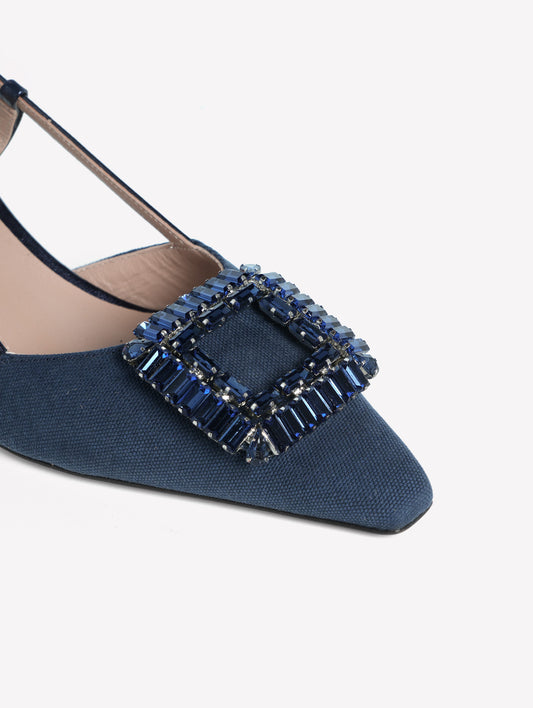 SLINGBACK IN TESSUTO CANVAS BLU NAVY CON ACCESSORIO QUADRATO DI STRASS E TACCO BASSO INGRID - Blu | Roberto Festa