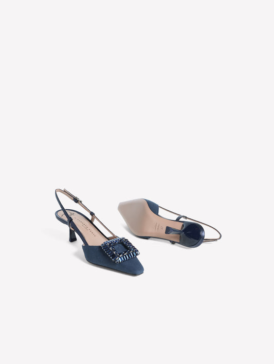 SLINGBACK IN TESSUTO CANVAS BLU NAVY CON ACCESSORIO QUADRATO DI STRASS E TACCO BASSO INGRID - Blu | Roberto Festa