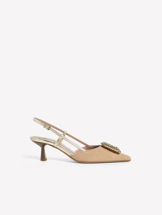 SLINGBACK IN TESSUTO CANVAS BEIGE CON ACCESSORIO QUADRATO DI STRASS E TACCO BASSO INGRID - Beige | Roberto Festa