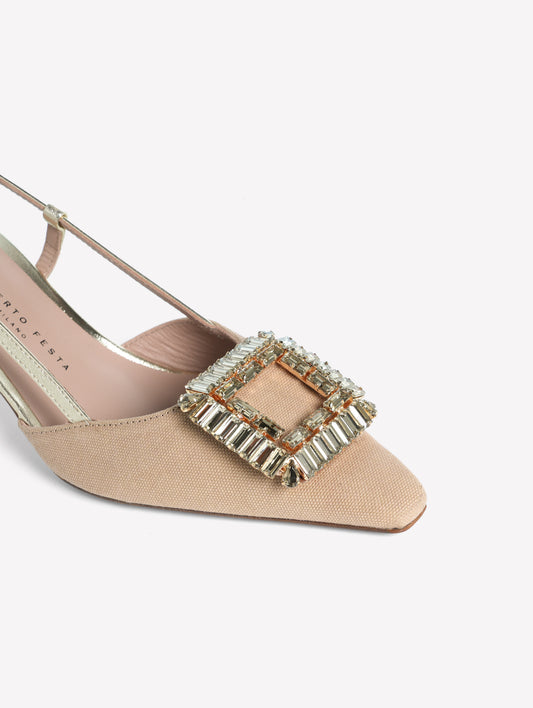 SLINGBACK IN TESSUTO CANVAS BEIGE CON ACCESSORIO QUADRATO DI STRASS E TACCO BASSO INGRID - Beige | Roberto Festa