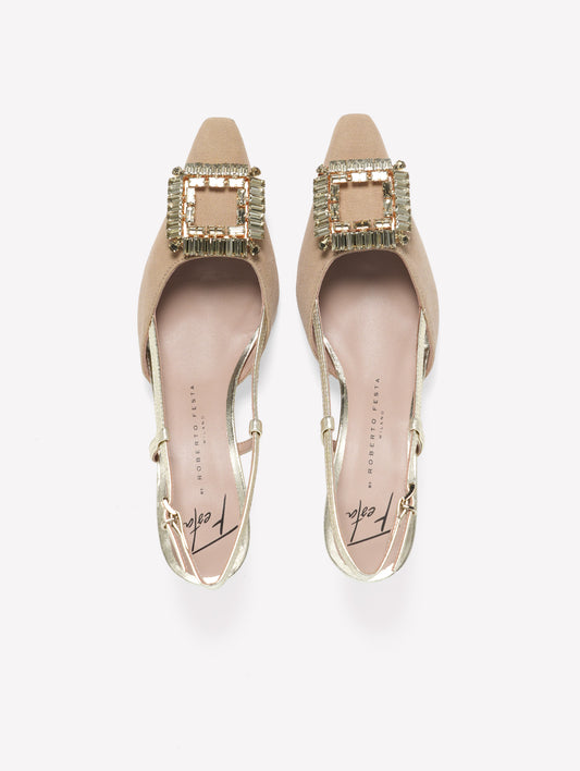 SLINGBACK IN TESSUTO CANVAS BEIGE CON ACCESSORIO QUADRATO DI STRASS E TACCO BASSO INGRID - Beige | Roberto Festa