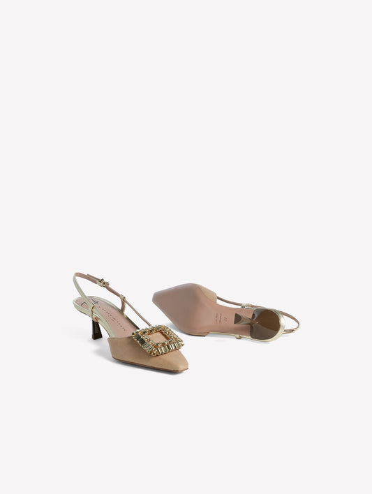SLINGBACK IN TESSUTO CANVAS BEIGE CON ACCESSORIO QUADRATO DI STRASS E TACCO BASSO INGRID - Beige | Roberto Festa