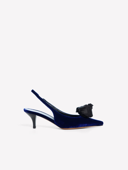 SLINGBACK IN VELLUTO BLU CON FIORE IN RASO E TACCO MEDIO ISTYNIA - Blu | Roberto Festa