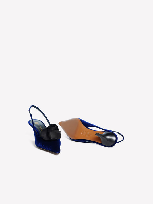 SLINGBACK IN VELLUTO BLU CON FIORE IN RASO E TACCO MEDIO ISTYNIA - Blu | Roberto Festa