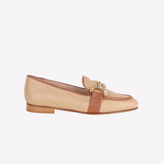 LOAFER IN CAMEL RAFFIA WITH STRASS ACCESSORY TONE ON TONE JOYS - Products | Roberto Festa