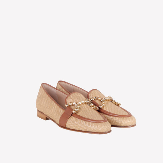 LOAFER IN CAMEL RAFFIA WITH STRASS ACCESSORY TONE ON TONE JOYS - Products | Roberto Festa