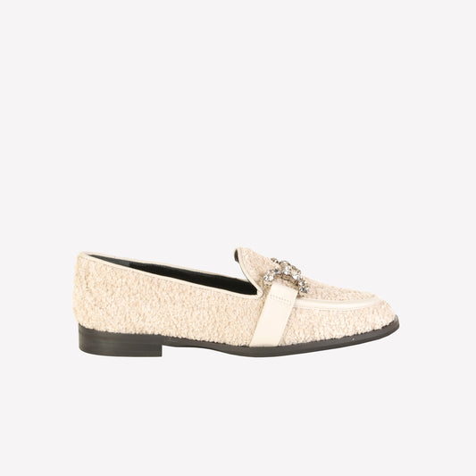 JOYS RHINESTONE'S EMBELLISHED LOAFER IN WHITE BOUCLÉ - Products | Roberto Festa