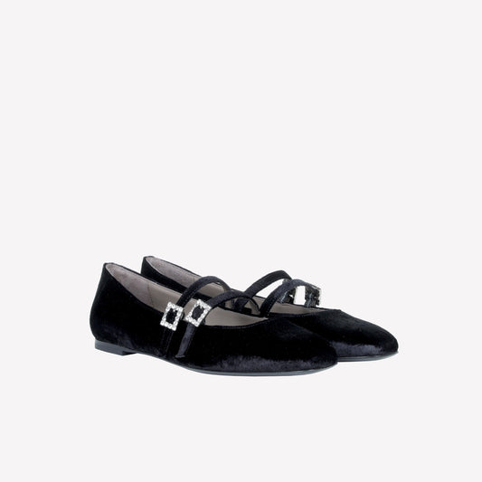 VELVET BALLERINA WITH DOUBLE STRAP AND RHINESTONE BUCKLE JULIE - Back to Office | Roberto Festa