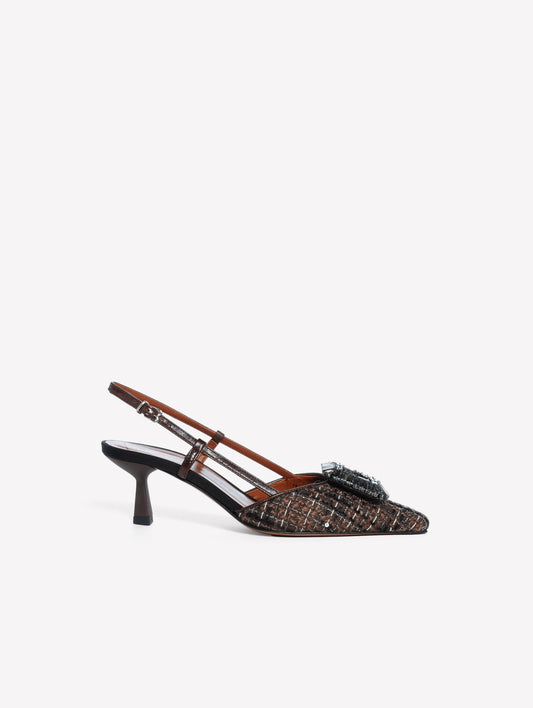 SLINGBACK IN TWEED TAUPE NERO BIANCO CON PAILLETTES E FIBBIA STRASS JULIEN - Taupe/Nero/Bianco | Roberto Festa