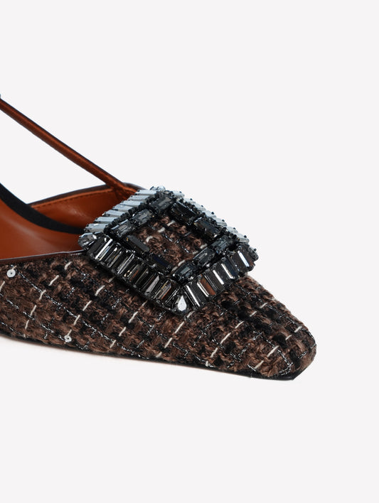 SLINGBACK IN TWEED TAUPE NERO BIANCO CON PAILLETTES E FIBBIA STRASS JULIEN - Taupe/Nero/Bianco | Roberto Festa
