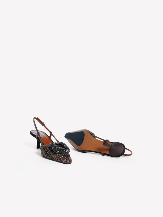 SLINGBACK IN TWEED TAUPE NERO BIANCO CON PAILLETTES E FIBBIA STRASS JULIEN - Taupe/Nero/Bianco | Roberto Festa