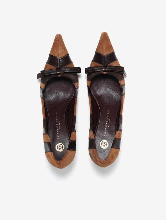 BROWN PATCHWORK LEATHER PUMPS WITH MEDIUM HEELS KANDÈ - Brown | Roberto Festa