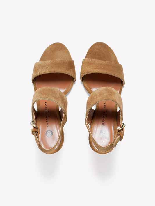 LEATHER-COLORED SUEDE SANDAL WITH DOUBLE STRAP AND HIGH HEEL KEMOS - Marrone | Roberto Festa