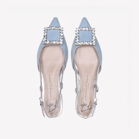 slingback in jeans delave con accessorio strass in tinta lavanda - Azzurro | Roberto Festa