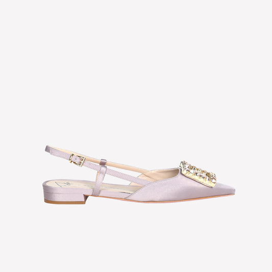 slingback in raso taupe con accessorio strass in tinta lavanda - Grigio | Roberto Festa
