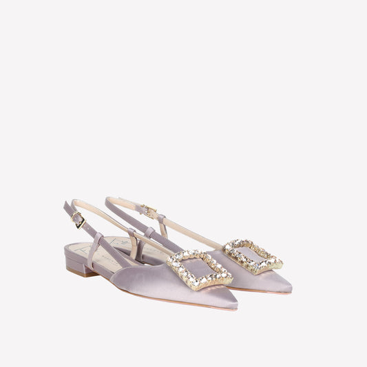 slingback in raso taupe con accessorio strass in tinta lavanda - Grigio | Roberto Festa
