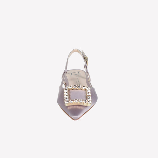 slingback in raso taupe con accessorio strass in tinta lavanda - Grigio | Roberto Festa