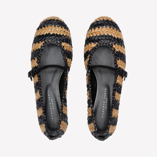 TWO-TONE BALLERINA IN BLACK AND CARAMEL RAFFIA LEROY - nero_marrone | Roberto Festa